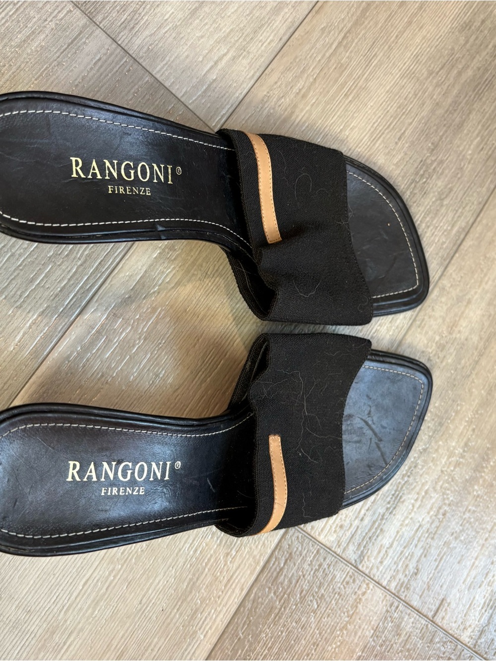 Rangoni Black Slide Sandals with Tan Accent Strap